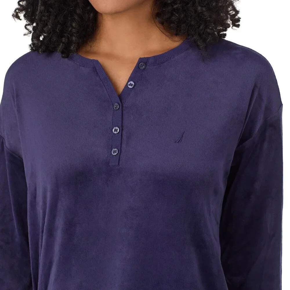 Nautica Womens 2-pc Pajama Set Snowflake Print Pants Henley Top Stretch Fleece